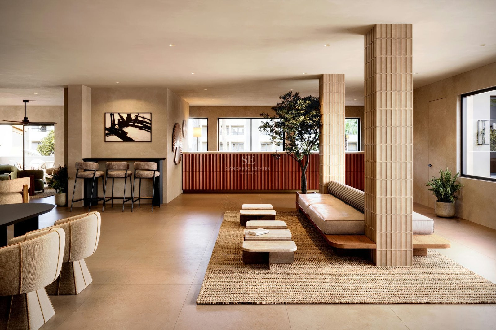 Contemporary lobby with fluted wood pillars, a leather daybed, travertine tables, and warm terracotta accents.