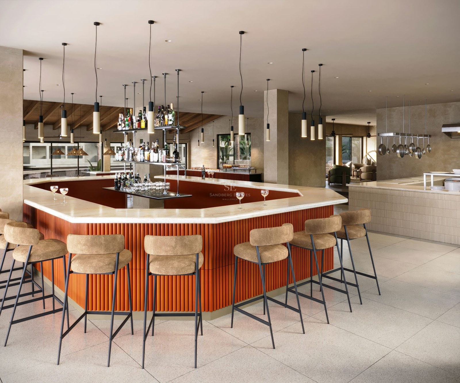 A stylish hexagonal bar with a white stone countertop, orange ribbed base, and beige stools under designer pendant lights.