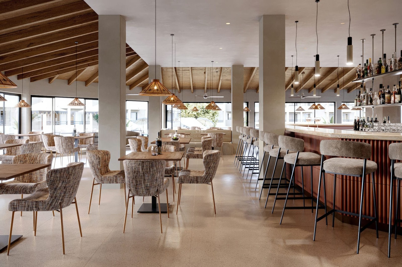 Interior of a modern lounge featuring wooden ceilings, pendant lights, dining tables, and a bar with high stools.