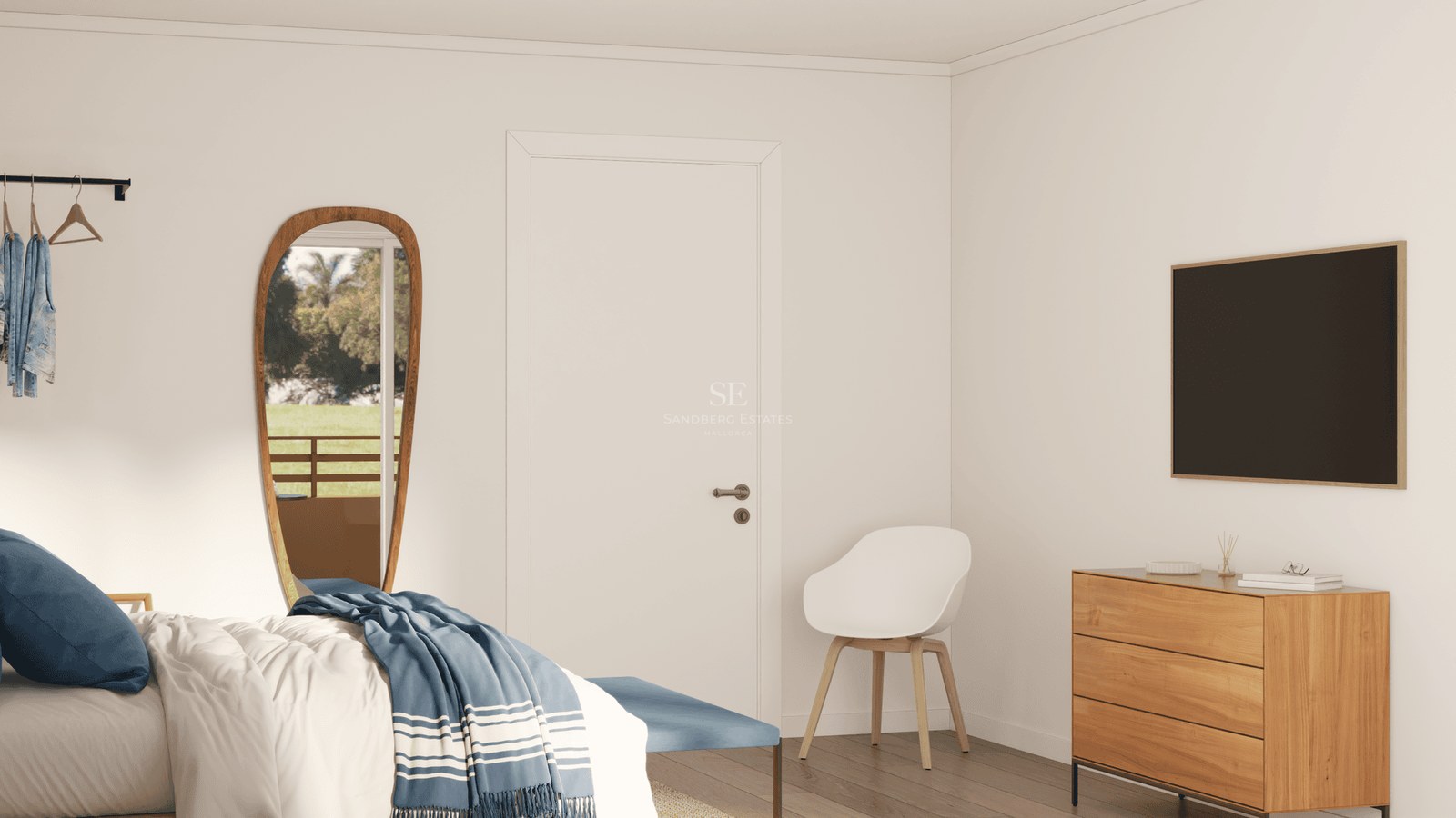Minimalist bedroom featuring a wooden full-length mirror, white walls, oak furniture, and a blue throw blanket.