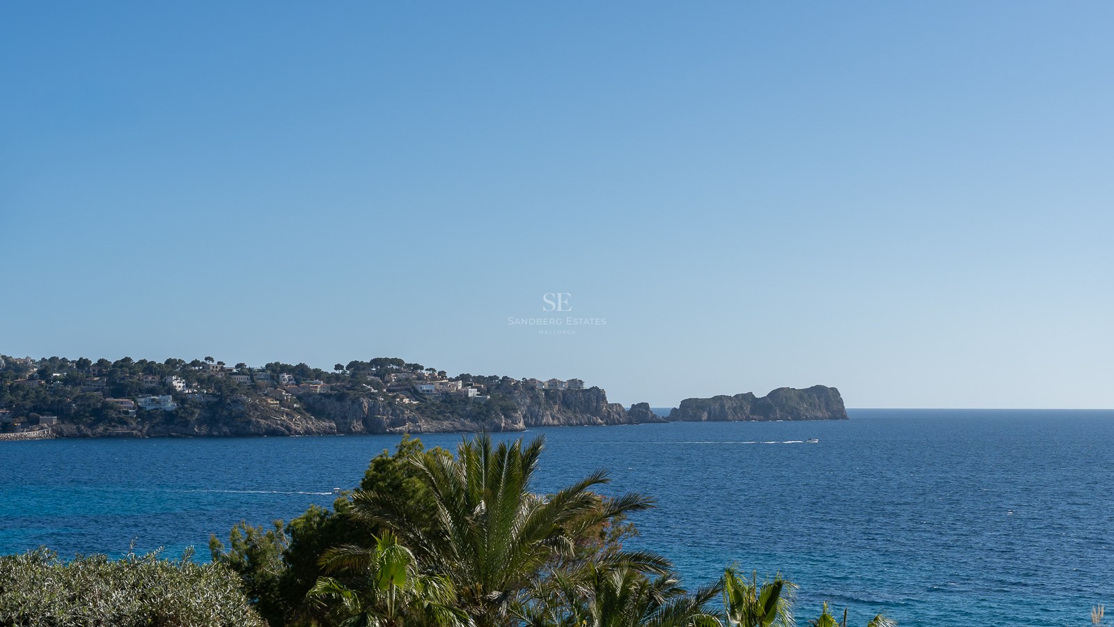 Vue panoramique de la mer Méditerranée avec des falaises, des villas de luxe et des palmiers sous un ciel bleu.