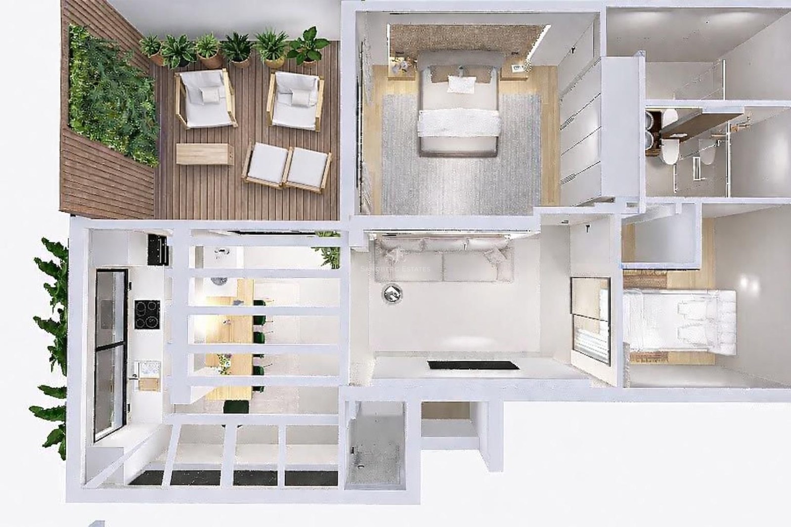 3D top-down view of a modern two-bedroom apartment featuring an open kitchen and a spacious wooden terrace with plants.