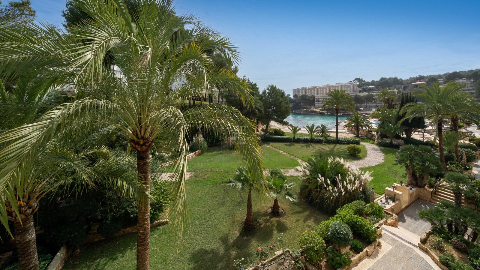 Vue d'un jardin tropical avec palmiers, pelouse et chemins en pierre surplombant une crique bleue.