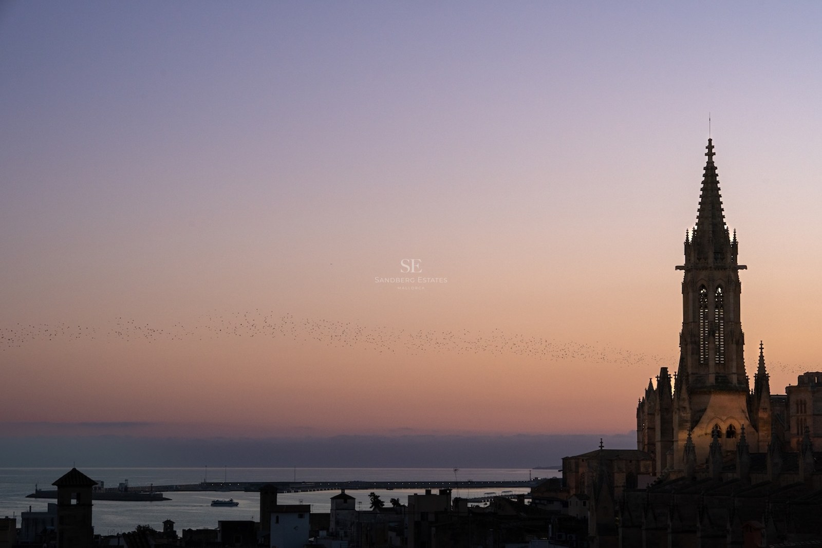 Atardecer sobre Palma de Mallorca con la silueta de la catedral de La Seu y la bahía al anochecer.