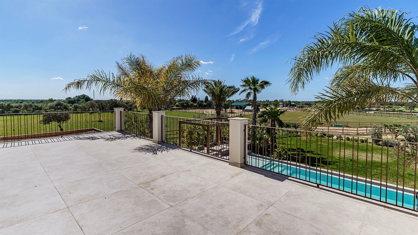 Elevated natural stone terrace with iron railings overlooking palm trees, a swimming pool, and green equestrian fields.