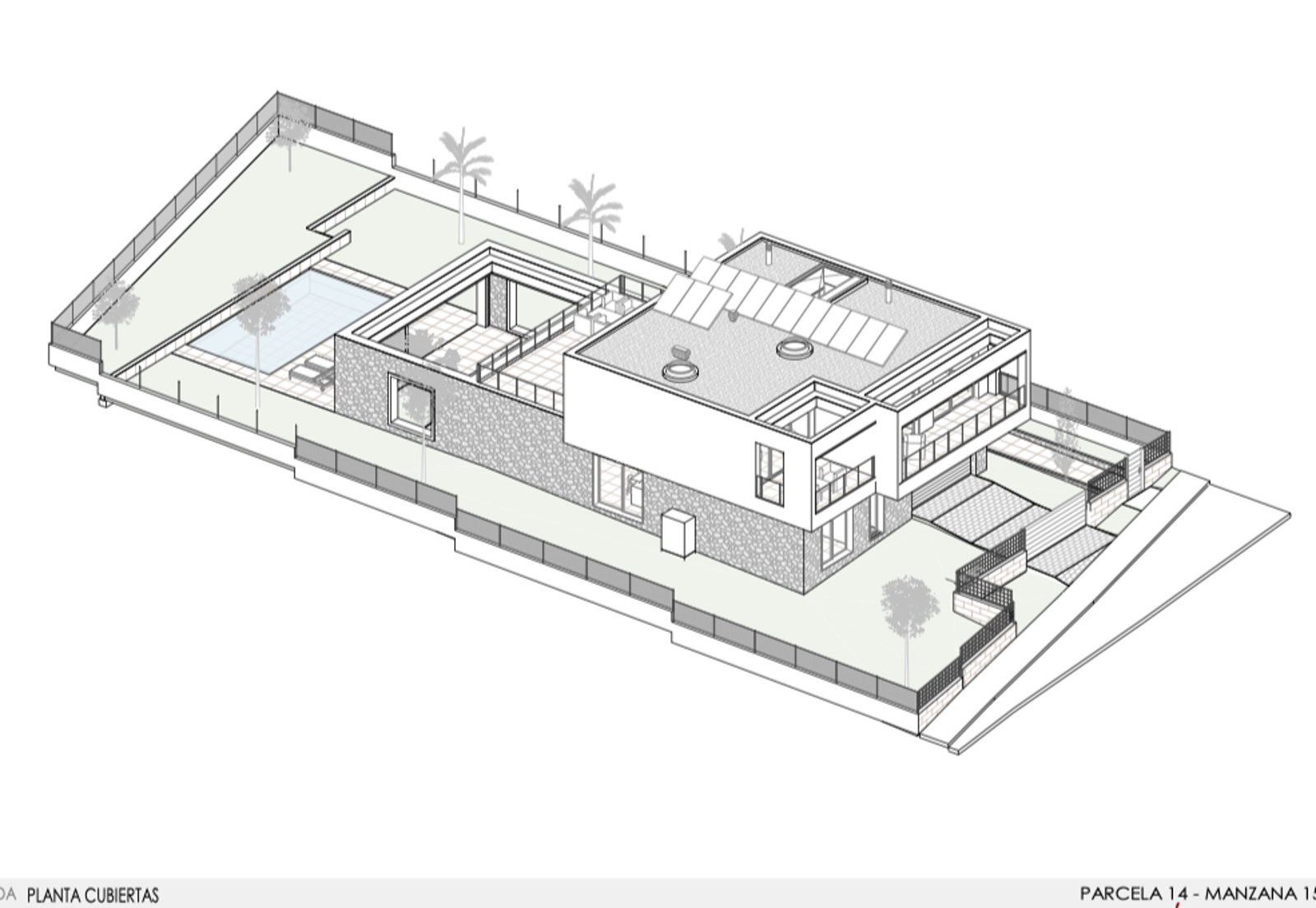 Isometrische Architekturzeichnung einer modernen Villa mit Photovoltaikanlage, Terrassen und Gartenanlage.