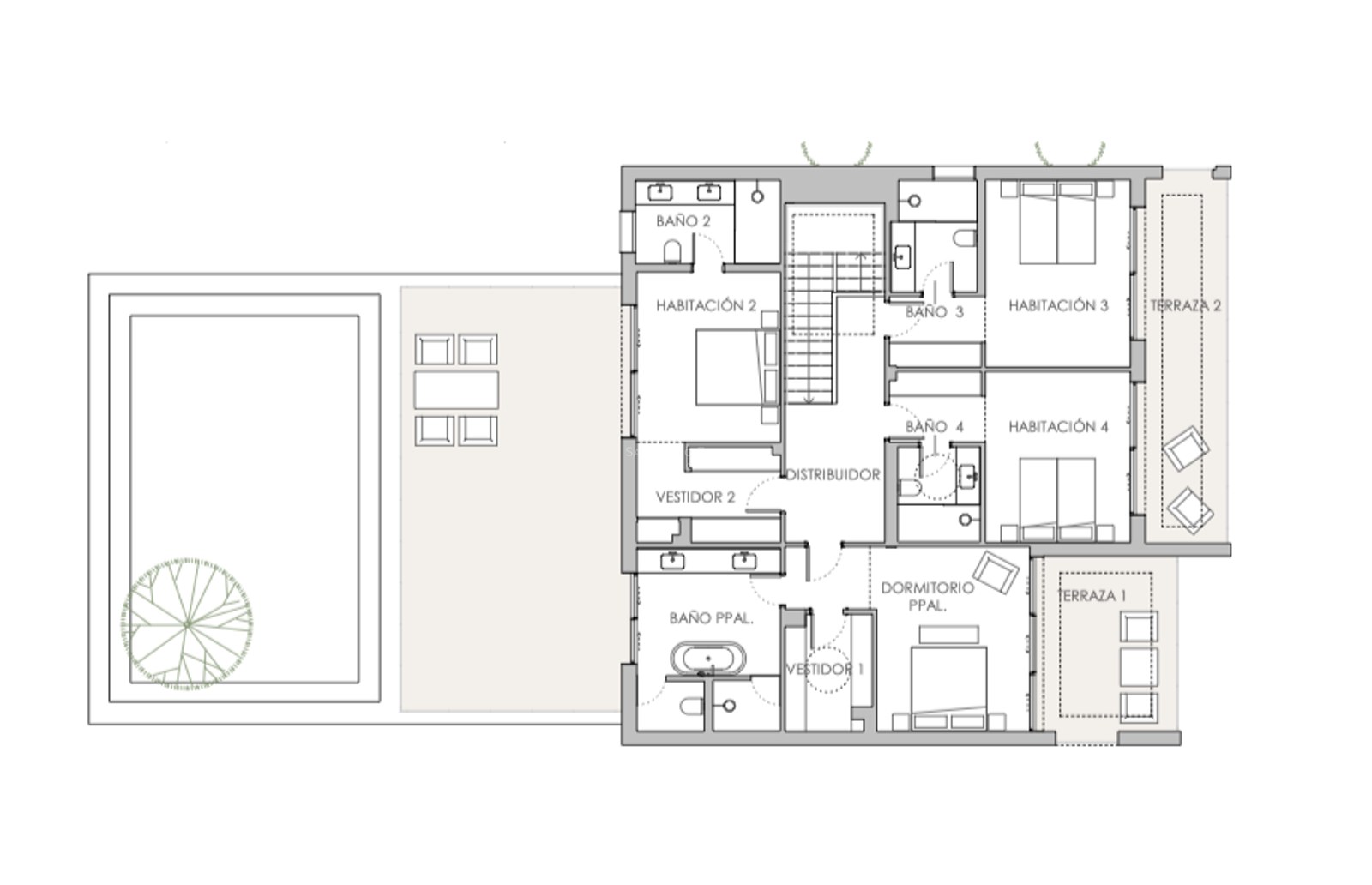 Detaillierter Grundriss mit 4 Schlafzimmern, Master-Suite mit Ankleide, Badezimmern, Terrasse und Poolbereich.