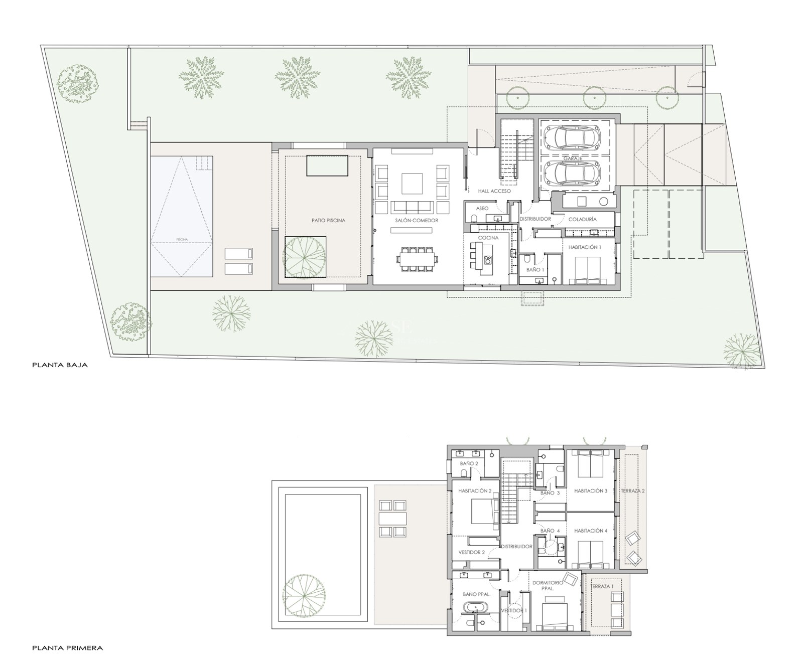 Detaillierter architektonischer Grundriss, der die Aufteilung von zwei Ebenen einer Luxusvilla mit Pool zeigt.