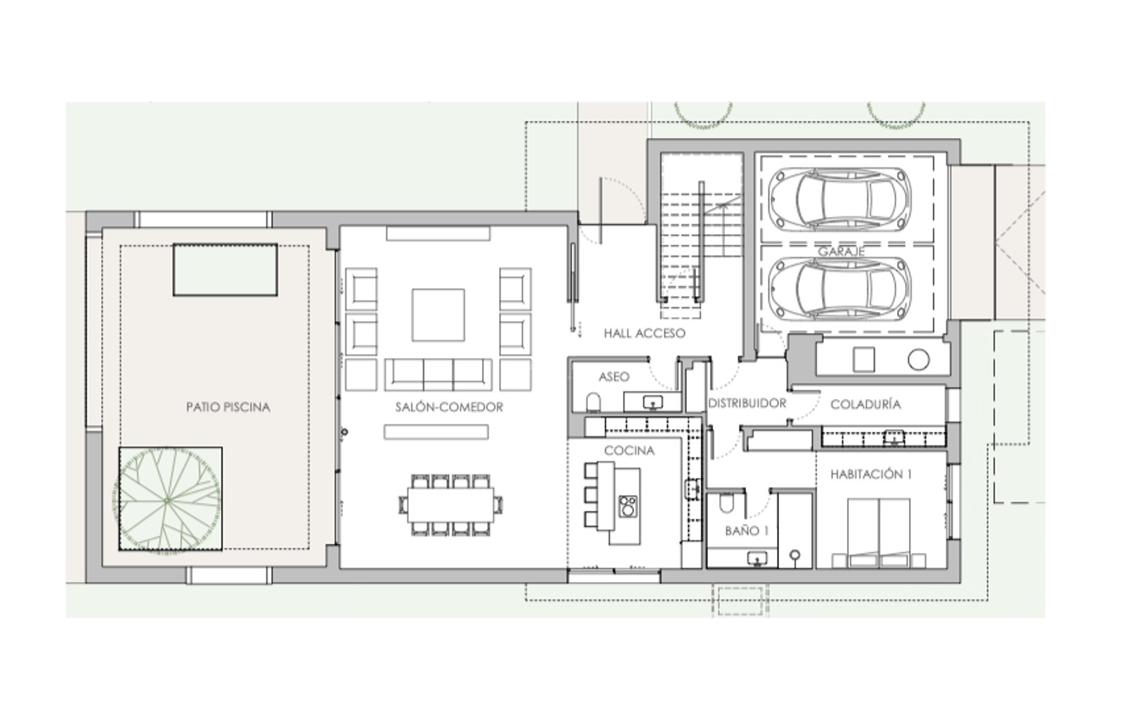 Architektonischer Grundriss mit Darstellung von Wohnzimmer, Küche, Schlafzimmer mit Bad und Doppelgarage.