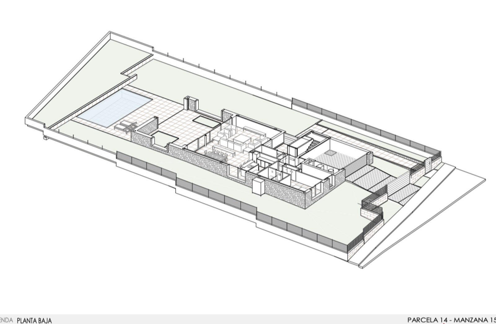 Isometrischer 3D-Grundriss einer modernen Wohnung mit großer Terrasse und privatem Swimmingpool.