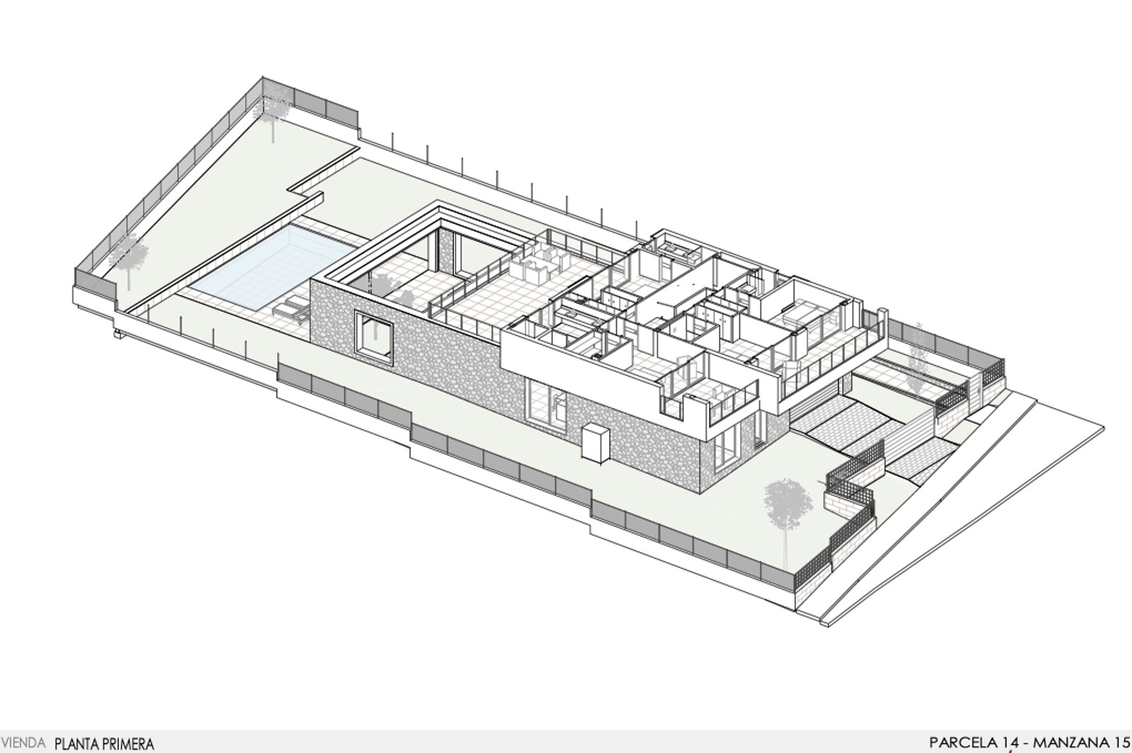 Isometrischer 3D-Grundriss einer modernen eingeschossigen Villa mit Pool, großer Terrasse und vier Schlafzimmern.