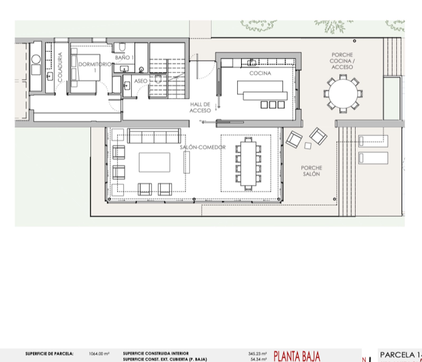 Plan architectural du rez-de-chaussée montrant le séjour, la cuisine, une chambre et de grandes terrasses.