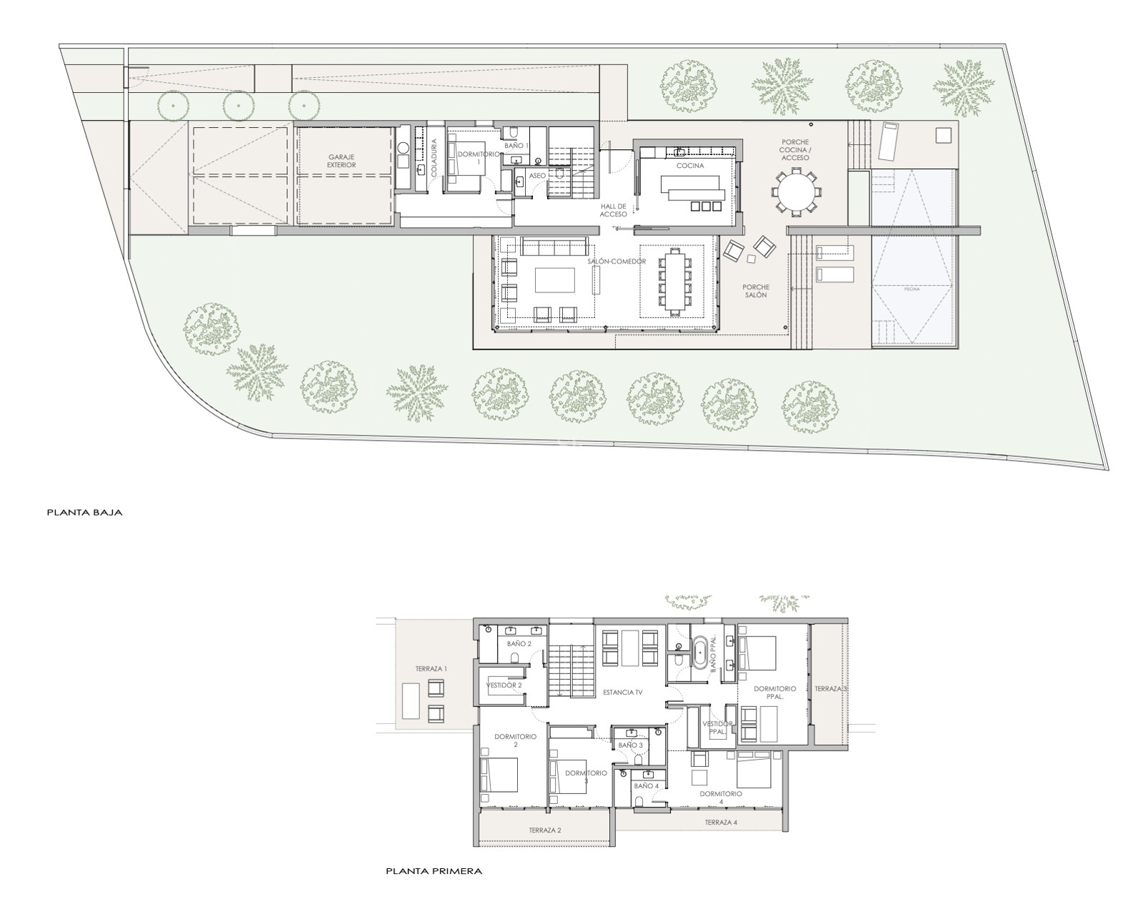 Plan architectural montrant une villa de luxe sur deux niveaux avec piscine, jardin, garage et espaces de vie ouverts.