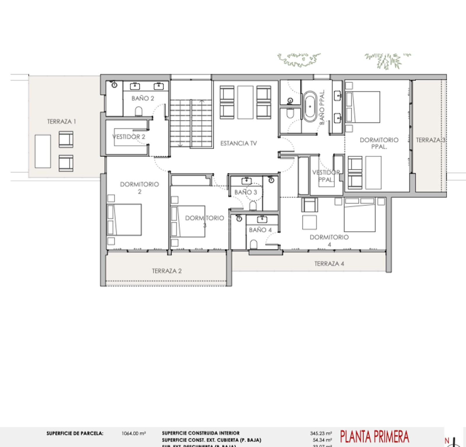Plan d'architecte du premier étage comprenant quatre chambres, salles de bains attenantes, salon TV et terrasses.