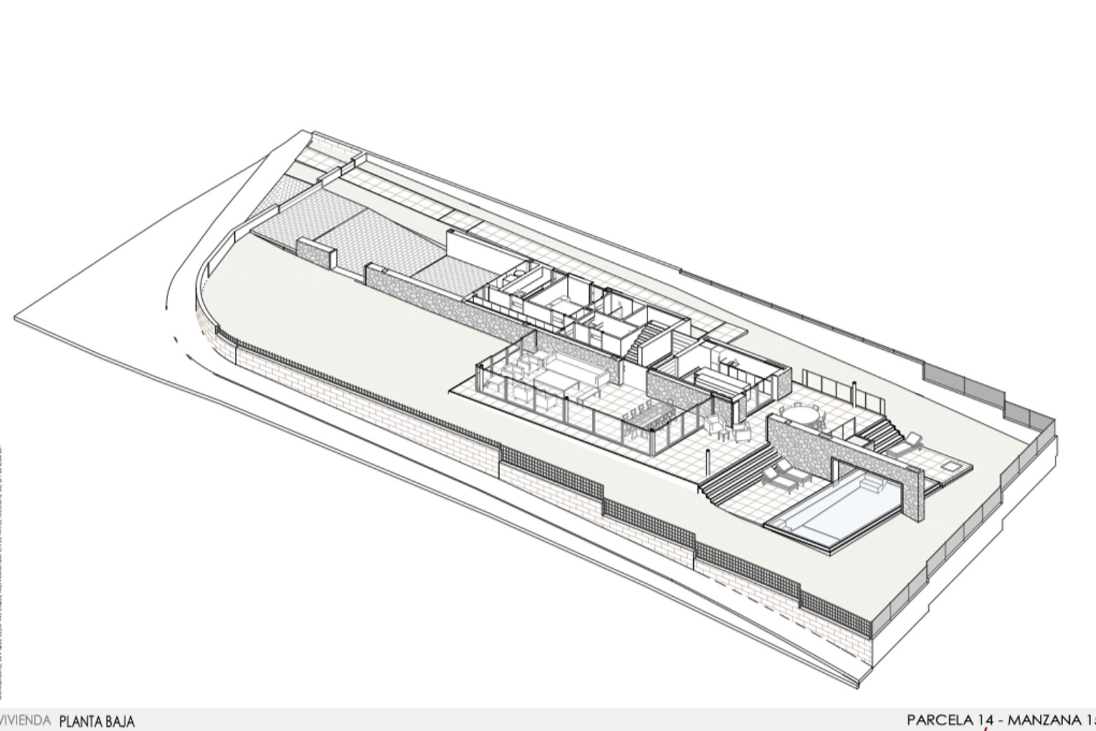 Plan d'étage isométrique 3D montrant l'agencement intérieur, les terrasses et la piscine d'une villa.