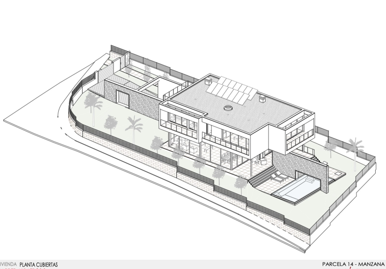 Dessin isométrique 3D d'une villa contemporaine avec piscine, panneaux solaires et jardins paysagers.