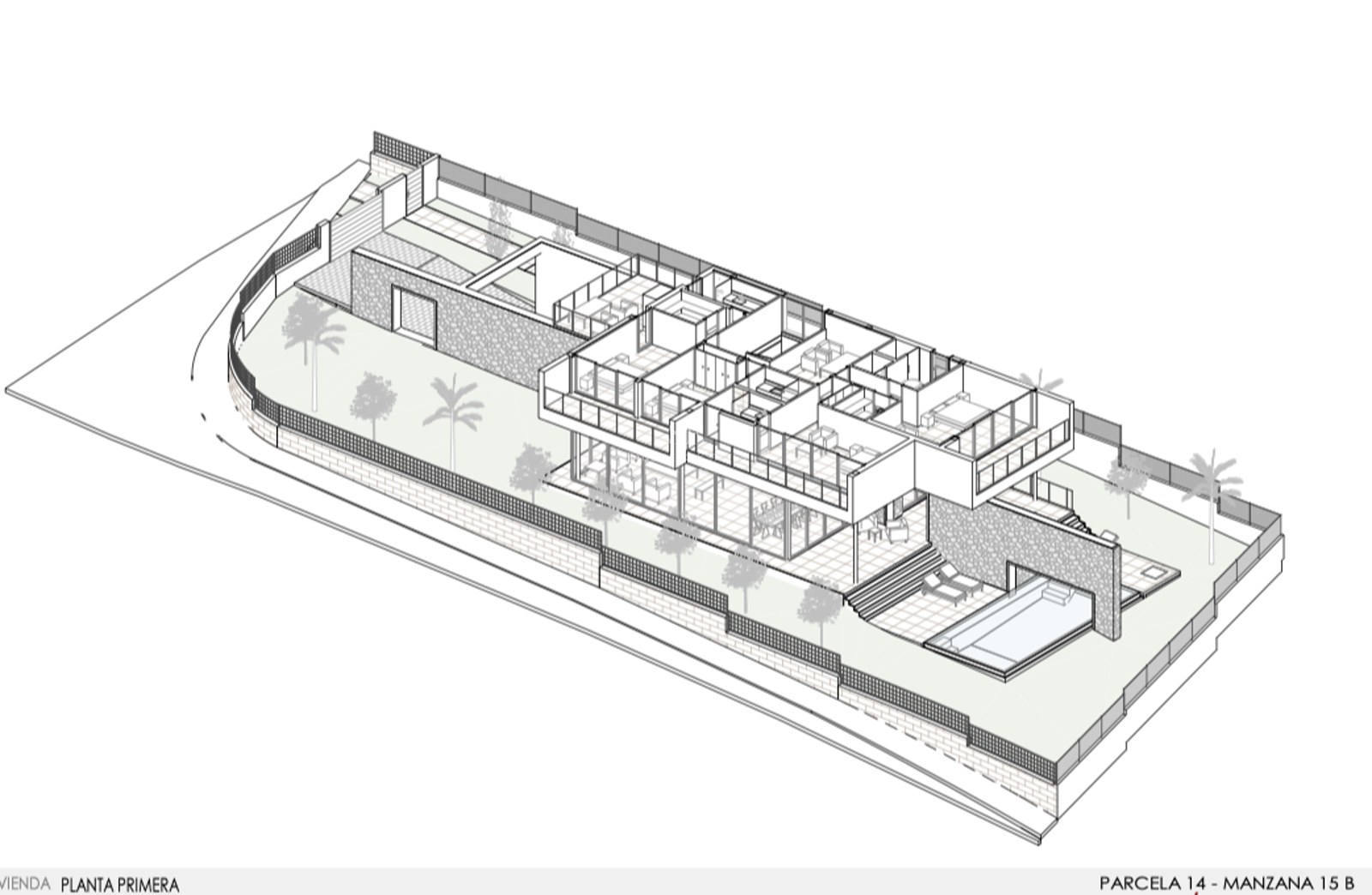 Dessin axonométrique 3D d'une villa moderne de deux étages avec piscine, terrasses et aménagement intérieur.