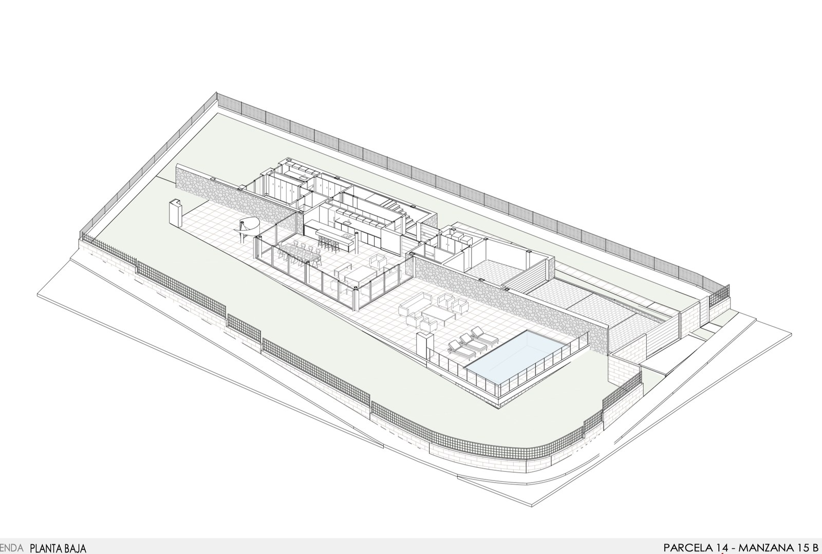 Detaljerad isometrisk 3D-arkitektritning som visar planlösningen för bottenvåningen i en modern villa med pool.