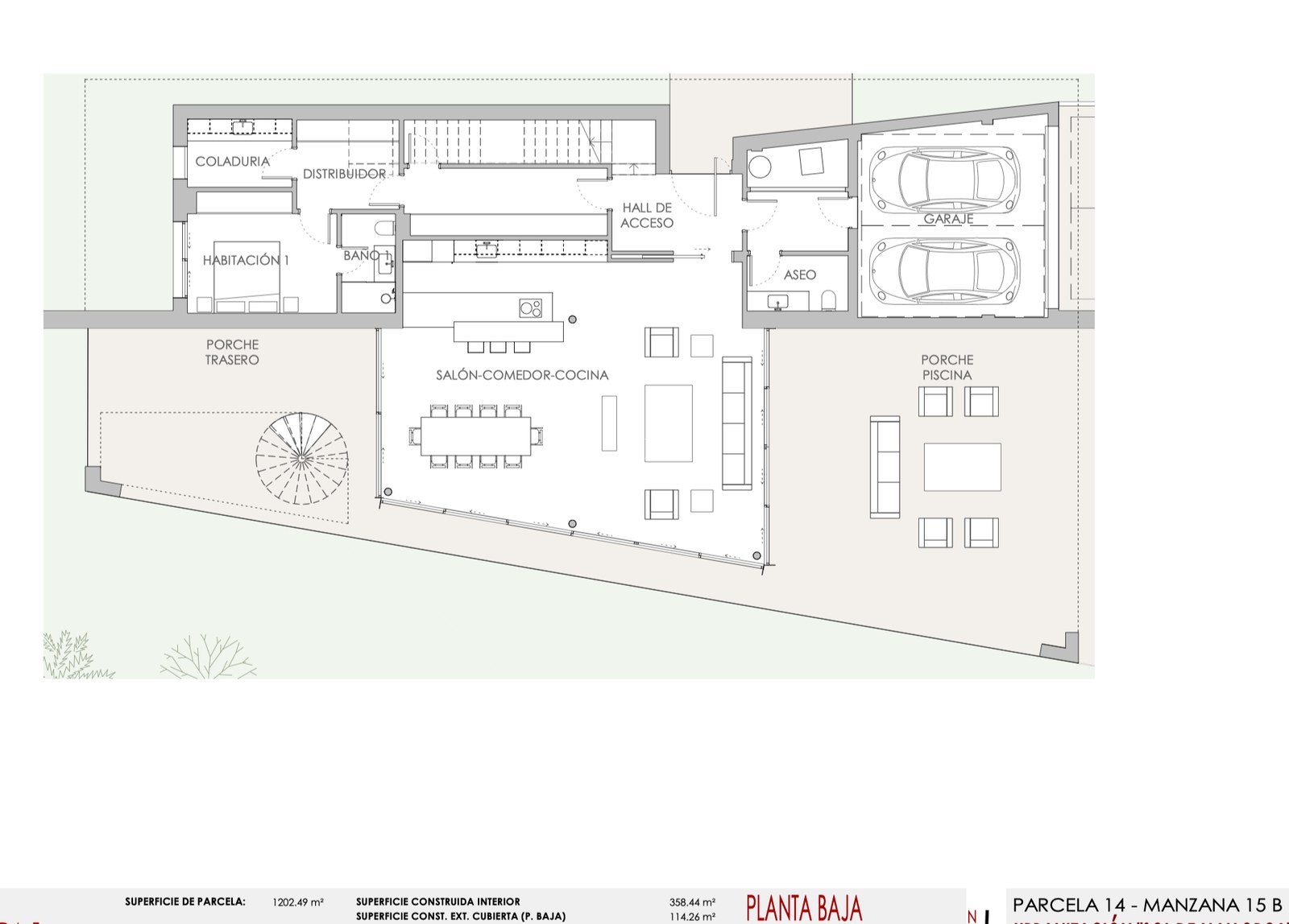 Teknisk planritning över bottenvåningen med öppen planlösning, dubbelgarage och stora terrassytor.