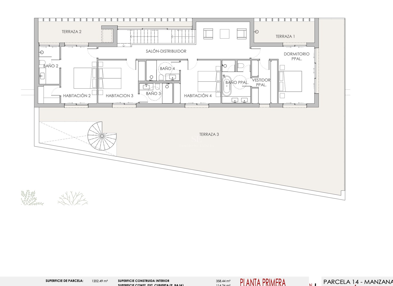 Teknisk 2D-planritning som visar fyra sovrum, badrum och tre stora terrasser på första våningen.