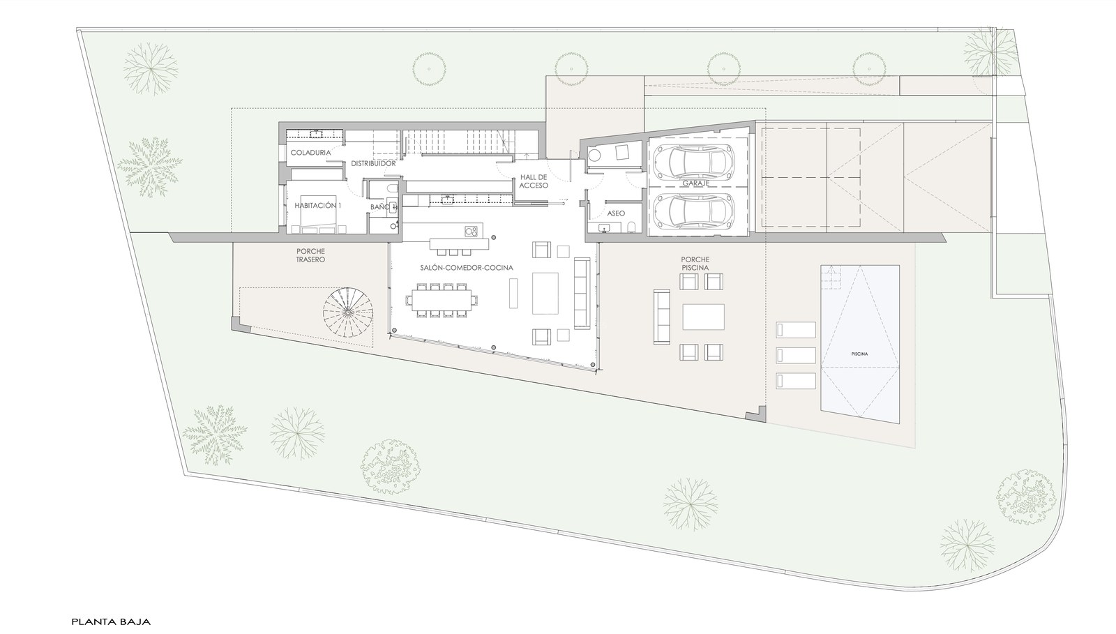 Arkitektonisk planritning över bottenvåningen med öppen planlösning, dubbelgarage och poolområde.