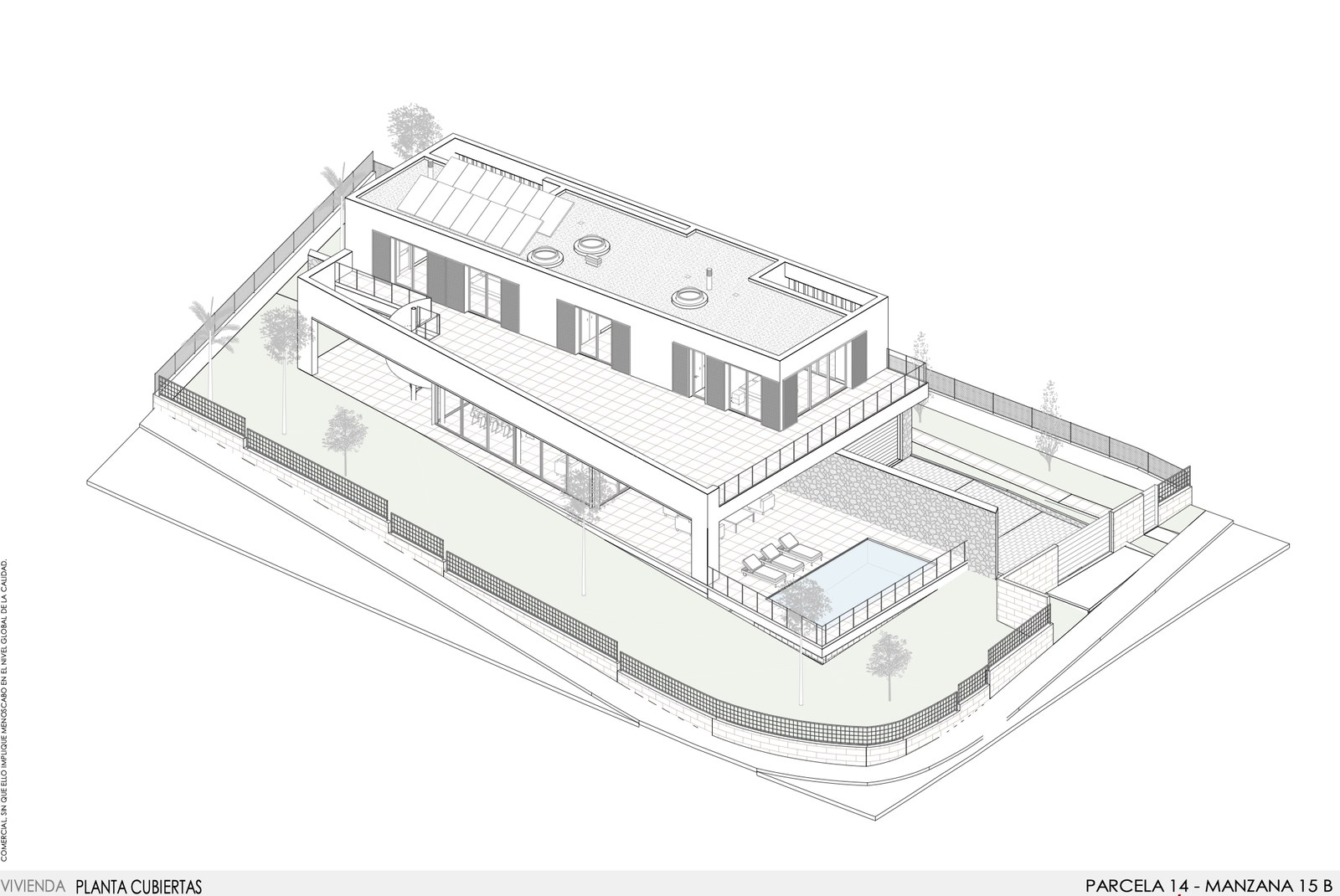 Axonometrisk 3D-ritning av en modern villa som visar takplan, privat pool, terrass och solpaneler.