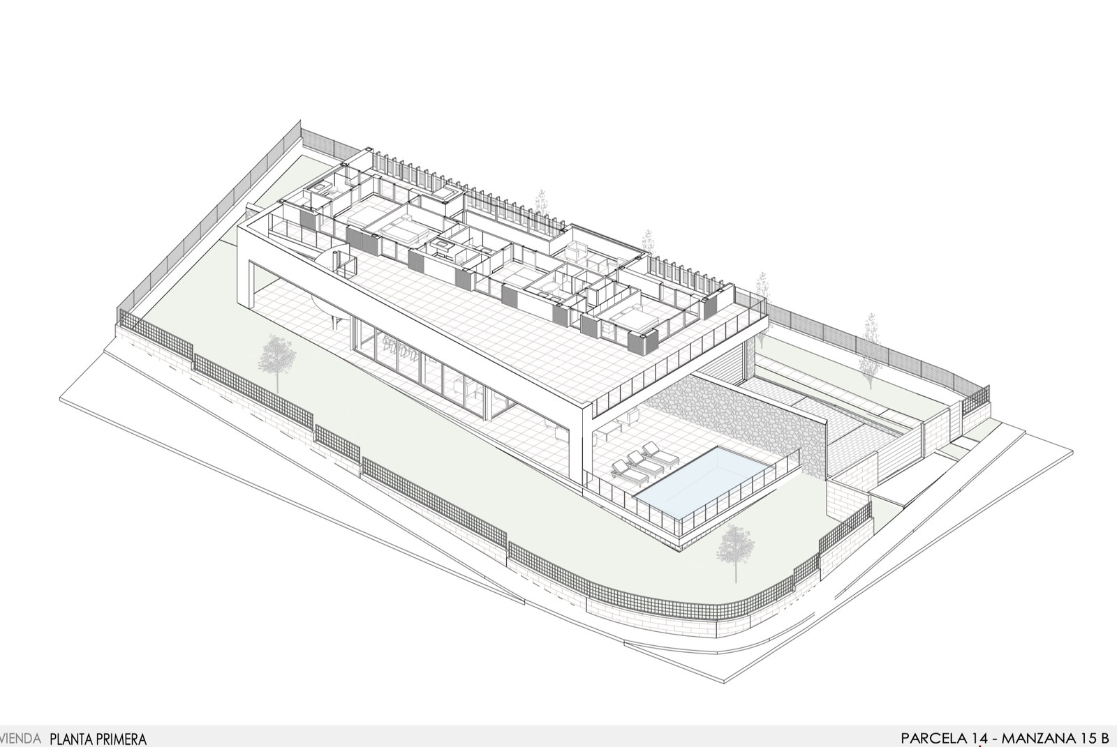 3D isometrisk planritning som visar en modern villas första våning, sovrum och poolterrass.