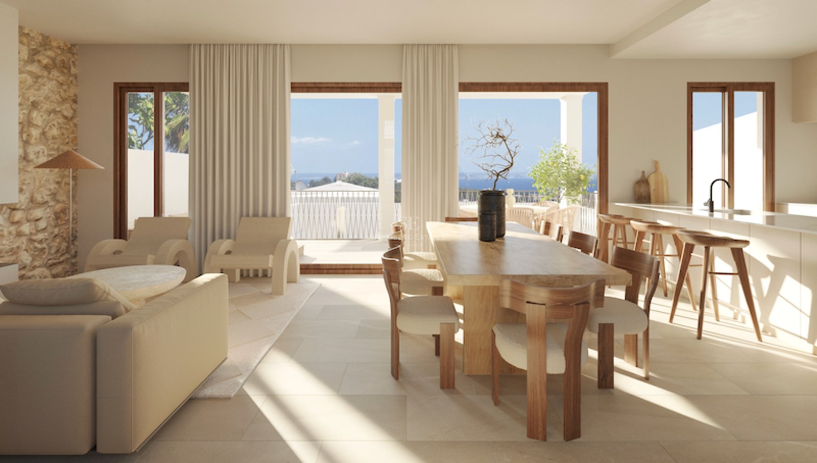 Salle à manger contemporaine avec table en bois massif et vue sur l'océan depuis la terrasse adjacente.