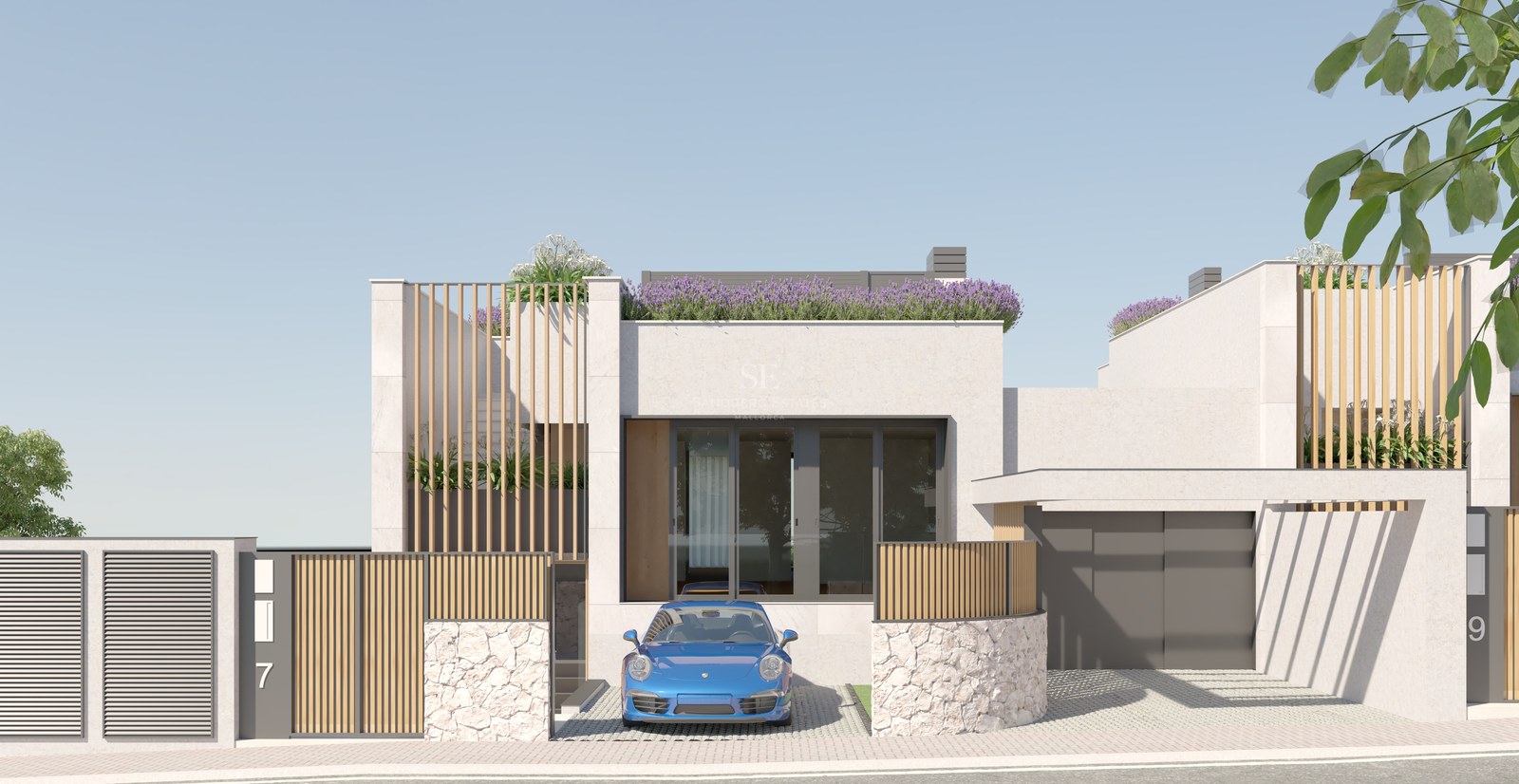Façade contemporaine de villa blanche avec murs en pierre naturelle, lattes de bois verticales et toit végétalisé.