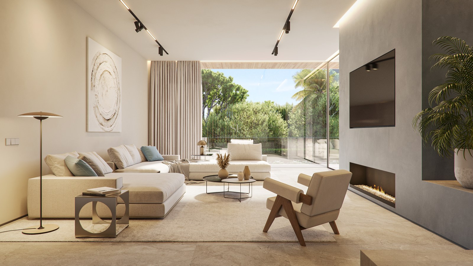 Salon moderne avec canapés beige, fauteuil design et baies vitrées donnant sur une végétation luxuriante.