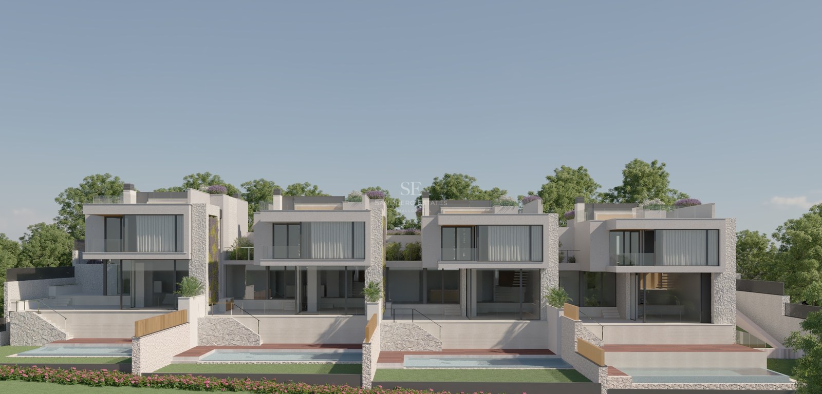 Vue extérieure de deux villas blanches modernes avec de grandes baies vitrées, des accents en pierre et des piscines.