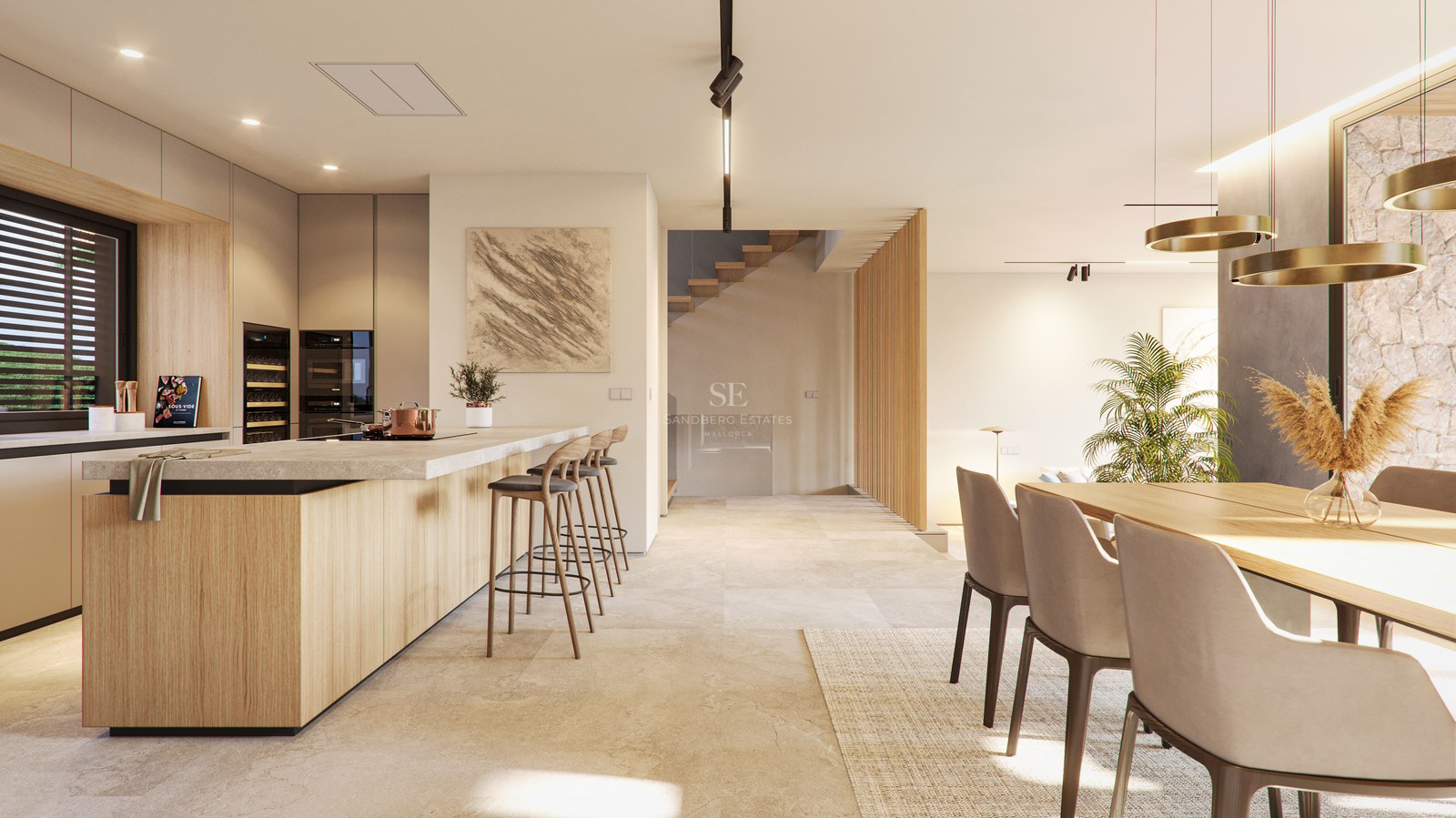 Cuisine minimaliste à aire ouverte avec bar en bois clair, sol en pierre naturelle et coin repas.