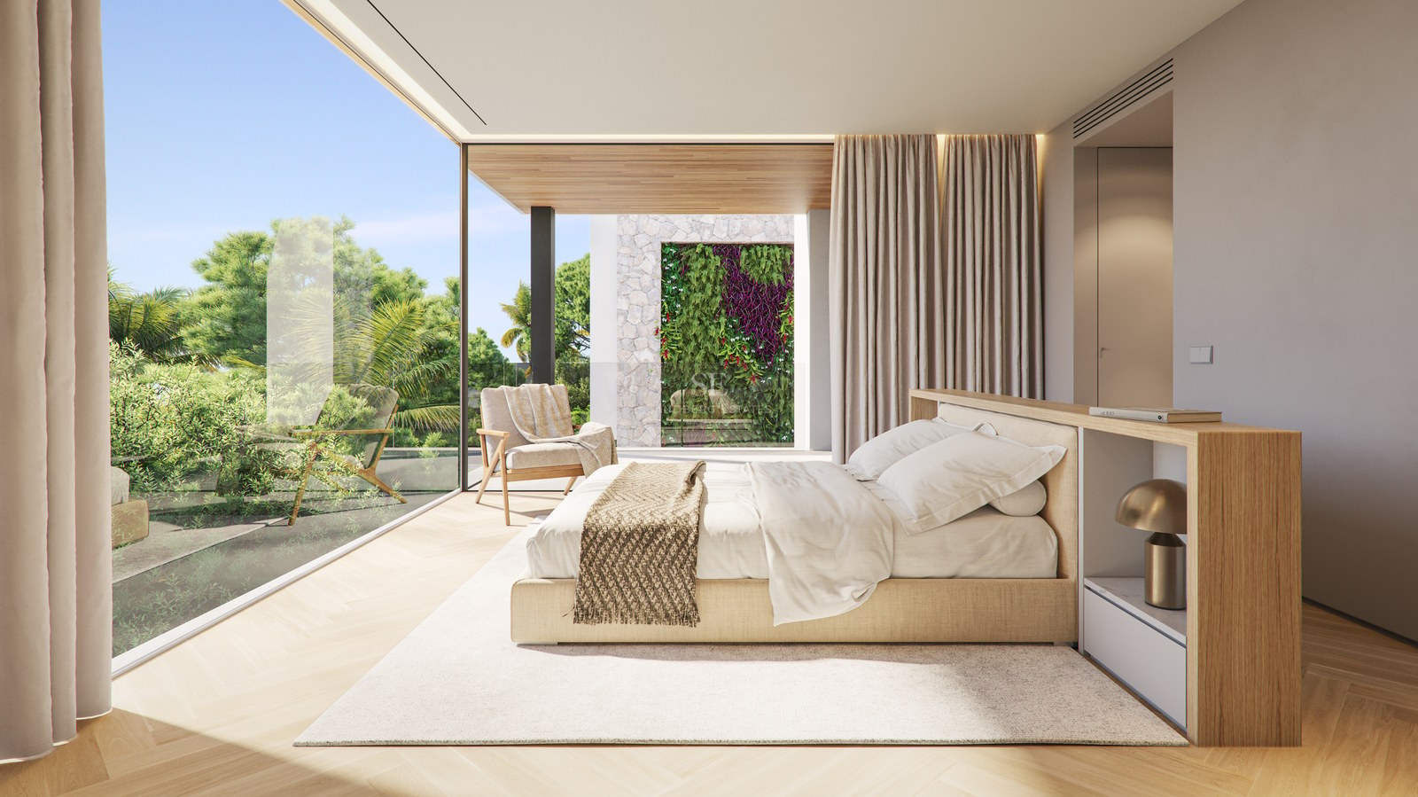 Chambre de maître moderne avec baies vitrées du sol au plafond, lit king-size et vue sur un jardin tropical.