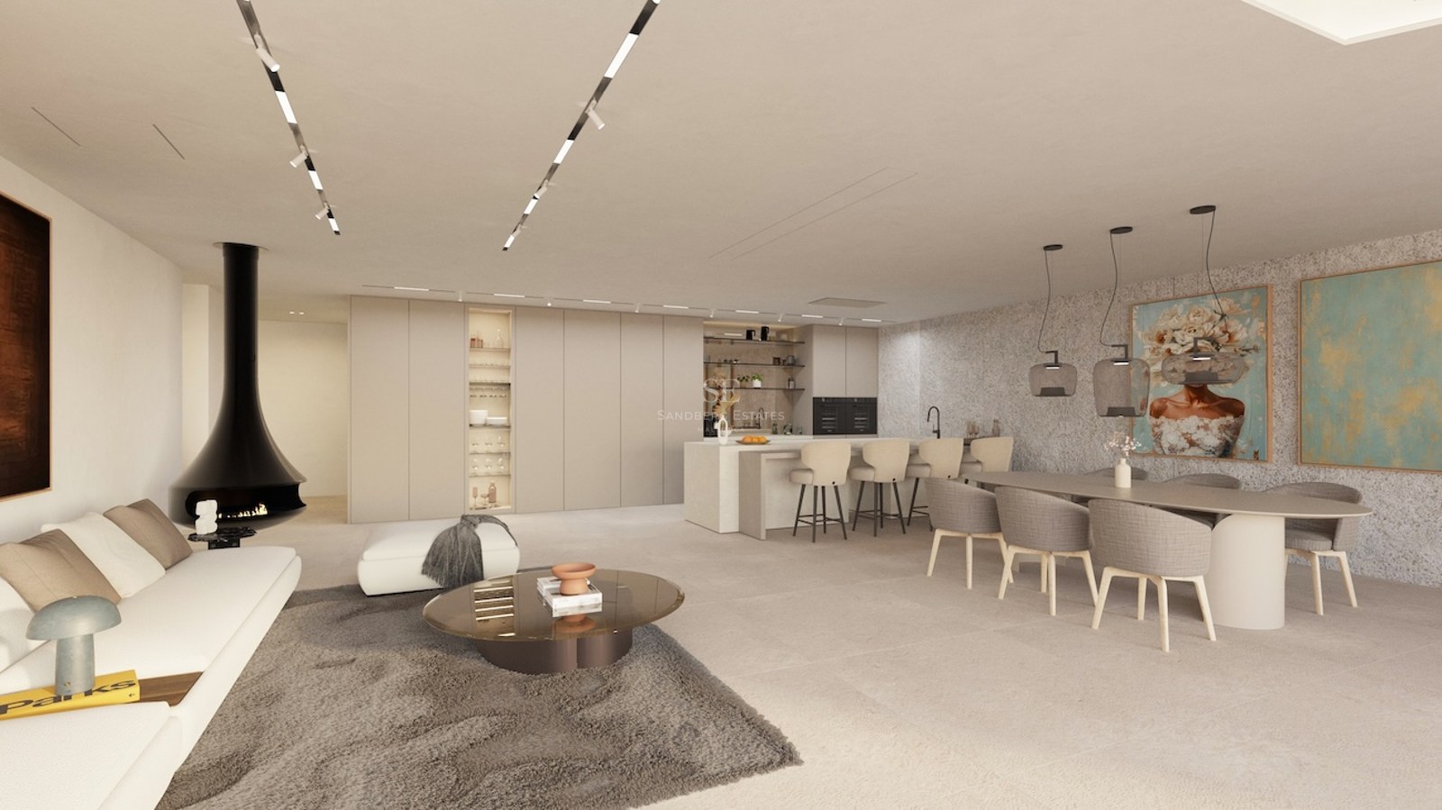 Espace de vie ouvert spacieux avec canapé blanc, cheminée noire design, salle à manger et cuisine aux tons neutres.