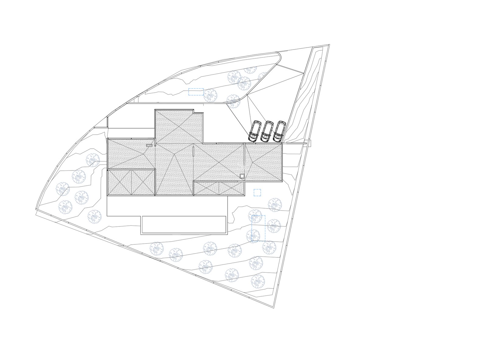Plan technique en noir et blanc montrant l'implantation du bâtiment, le parking et les espaces paysagers.