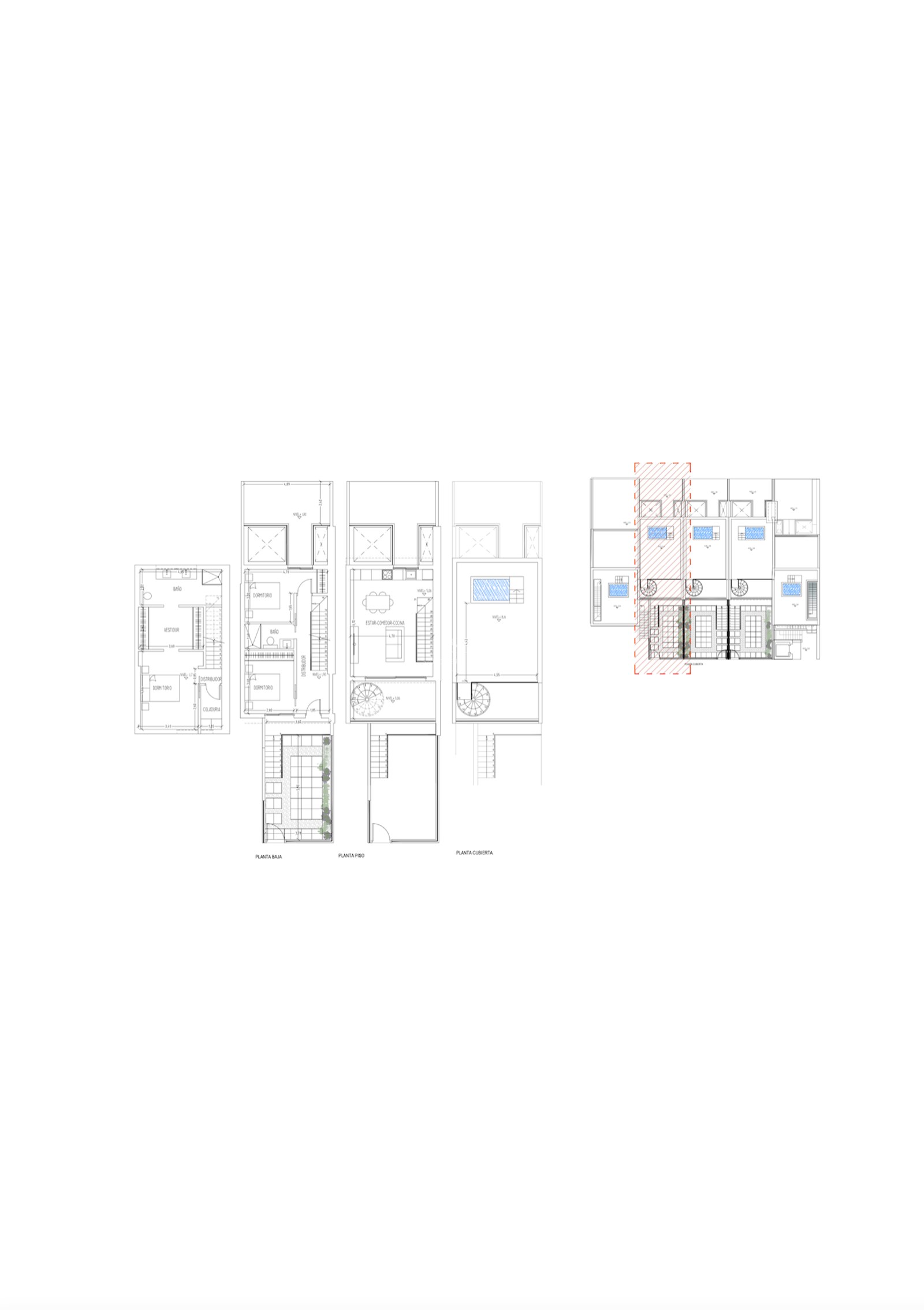 Technische Zeichnung von Erdgeschoss, Obergeschoss und Dachterrasse mit privatem Pool.