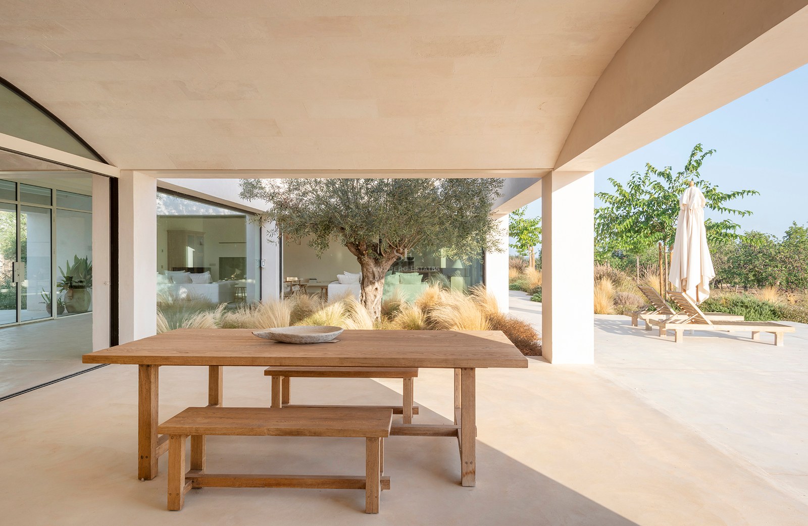 A wooden dining table on a covered sandstone terrace next to an olive tree and sun loungers.