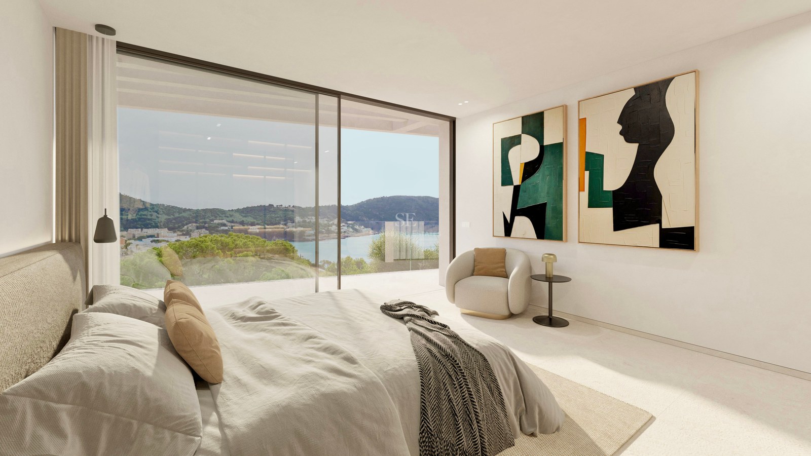 Modern master bedroom with large glass doors overlooking a coastal landscape, featuring abstract art and a lounge chair.