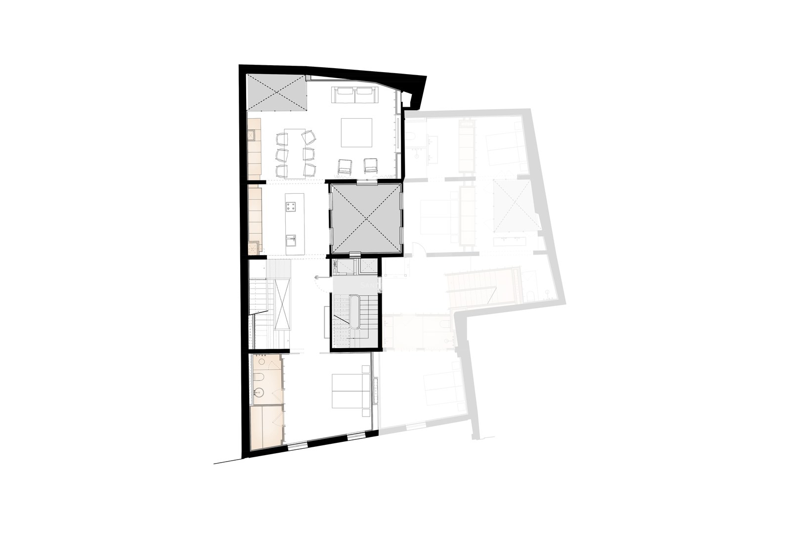 A 2D technical floor plan showing a modern apartment layout with an open-plan living area and ensuite bedrooms.