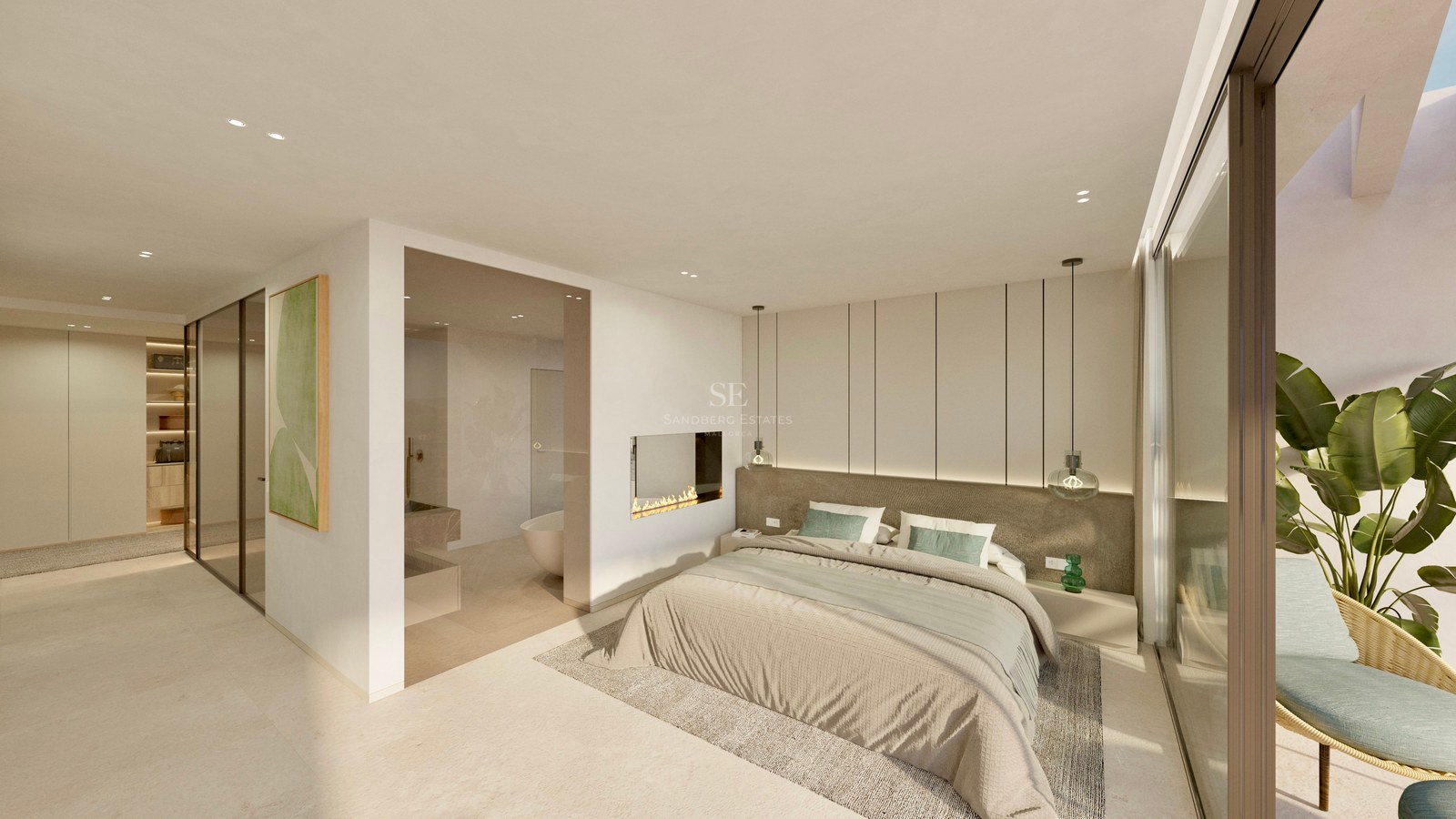 A bright contemporary master bedroom featuring a built-in fireplace, glass ensuite bathroom, and floor-to-ceiling windows.