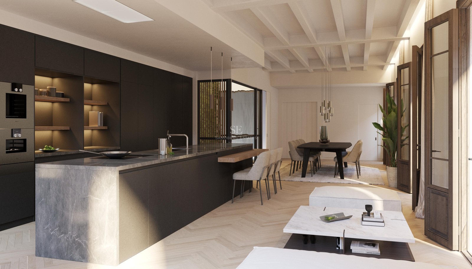 Vaste terrasse avec piscine à débordement, vue panoramique sur la mer, mobilier moderne et design minimaliste. Idéal pour la détente et le plaisir.