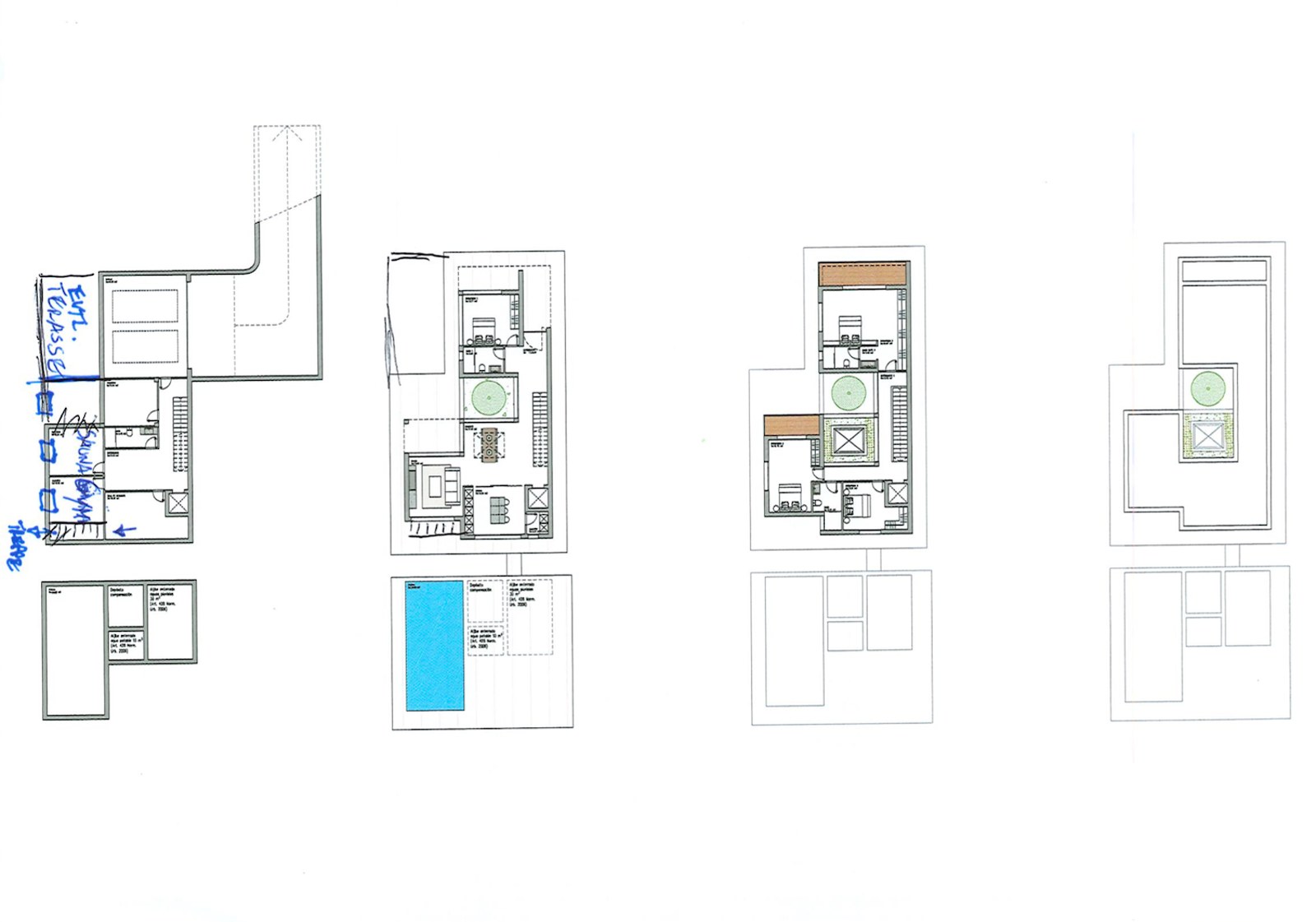 Teknisk ritning som visar fyra våningsplan av en lyxvilla med pool och terrassdetaljer.