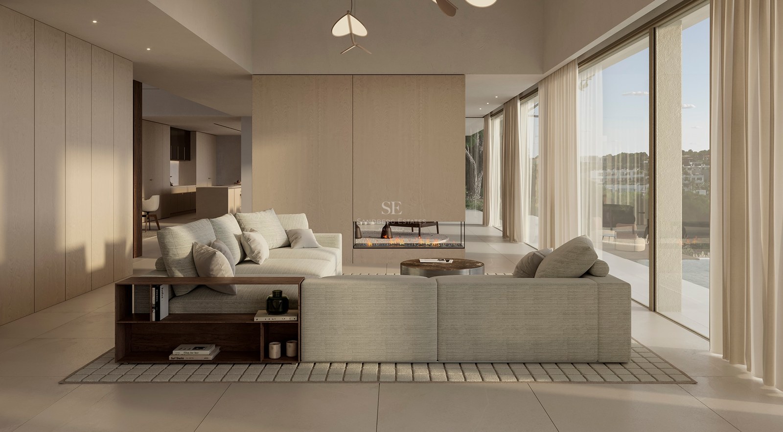 Salon de luxe minimaliste avec un grand canapé d'angle beige, cheminée linéaire et baies vitrées toute hauteur.