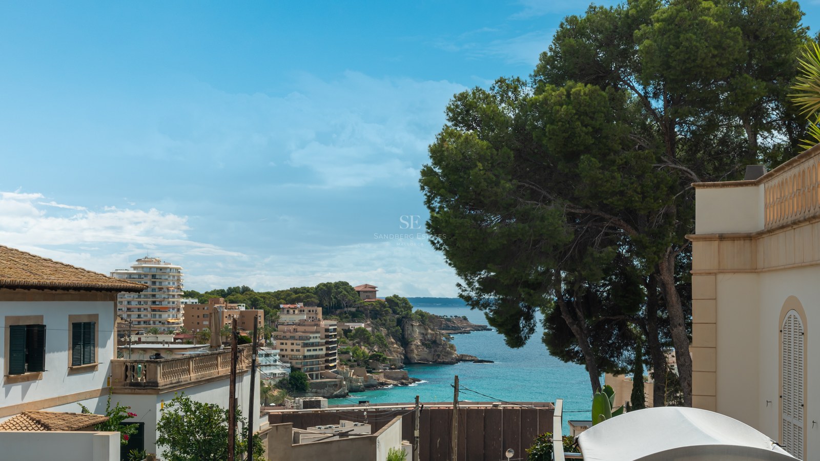 Vista elevada de una bahía turquesa con edificios mediterráneos, acantilados y un pino grande bajo un cielo azul.