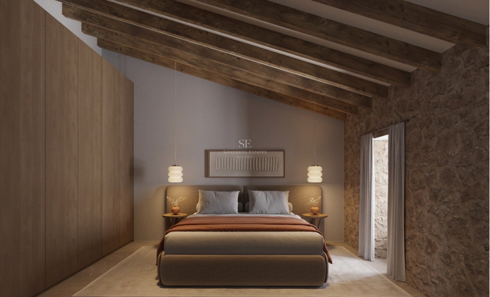Bedroom with slanted wood-beam ceiling, natural stone wall, built-in wooden closets, and warm designer lighting.