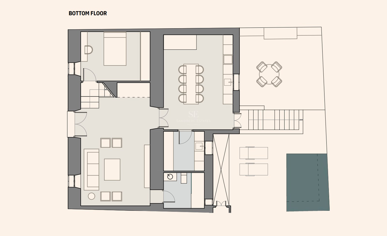 Architectural floor plan of the bottom floor featuring living areas, kitchen, bedroom, terrace, and private pool.