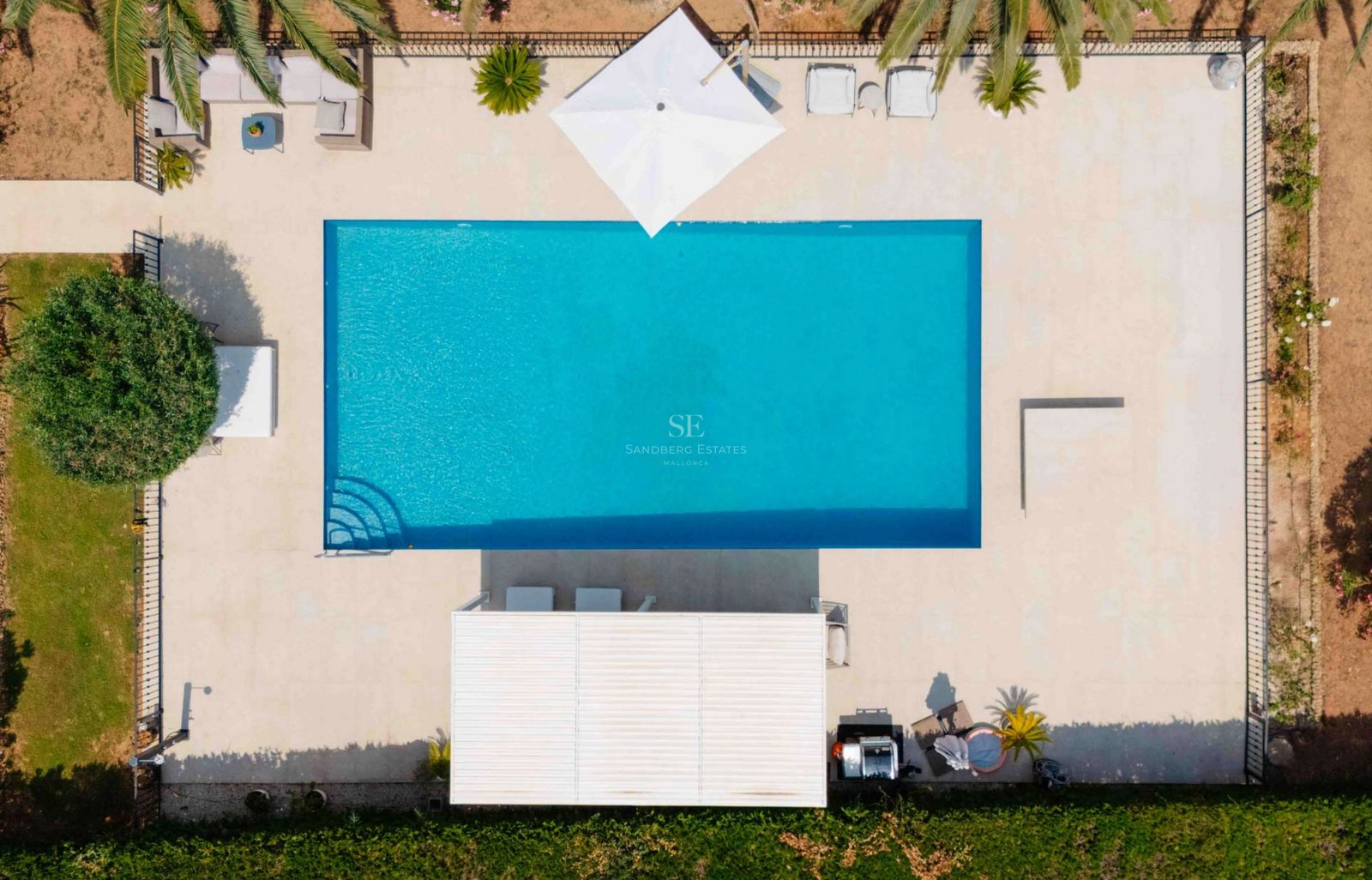 Aerial top-down view of a turquoise rectangular swimming pool surrounded by sand-colored stone decking and palm trees.