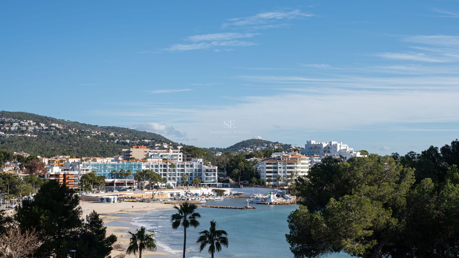 A wide view of a coastal town with white buildings, a sandy beach, palm trees, and a small harbor under a clear blue sky.