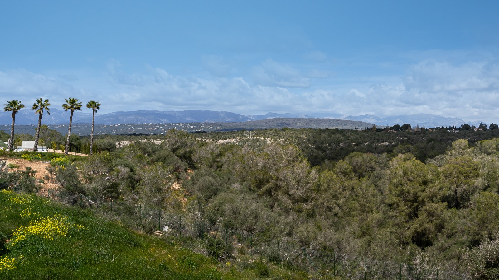 Panoramic view of green Mediterranean hills and distant mountain ranges under a clear blue sky with scattered clouds.