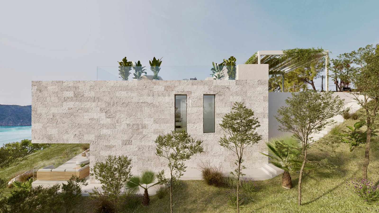 Side view of a modern luxury villa with textured stone walls, rooftop terrace, and Mediterranean landscaping overlooking the sea.
